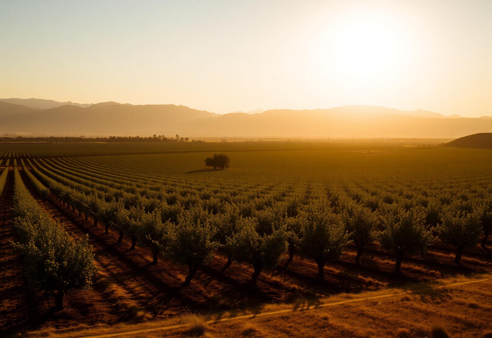 Golden light over San Joaquin Valley orchard rows at sunset